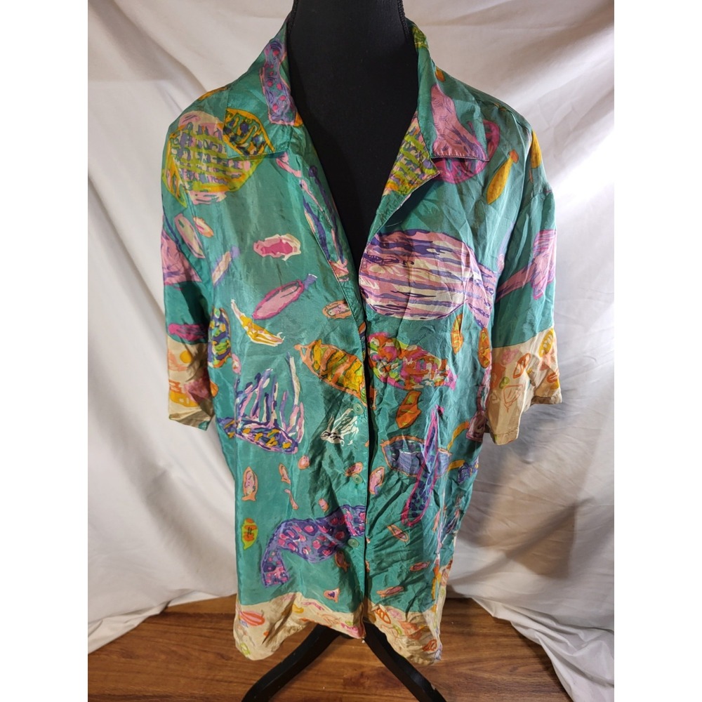 Ken Done Art And Design 100% Silk Size Small Tunic Blouse Fish Read